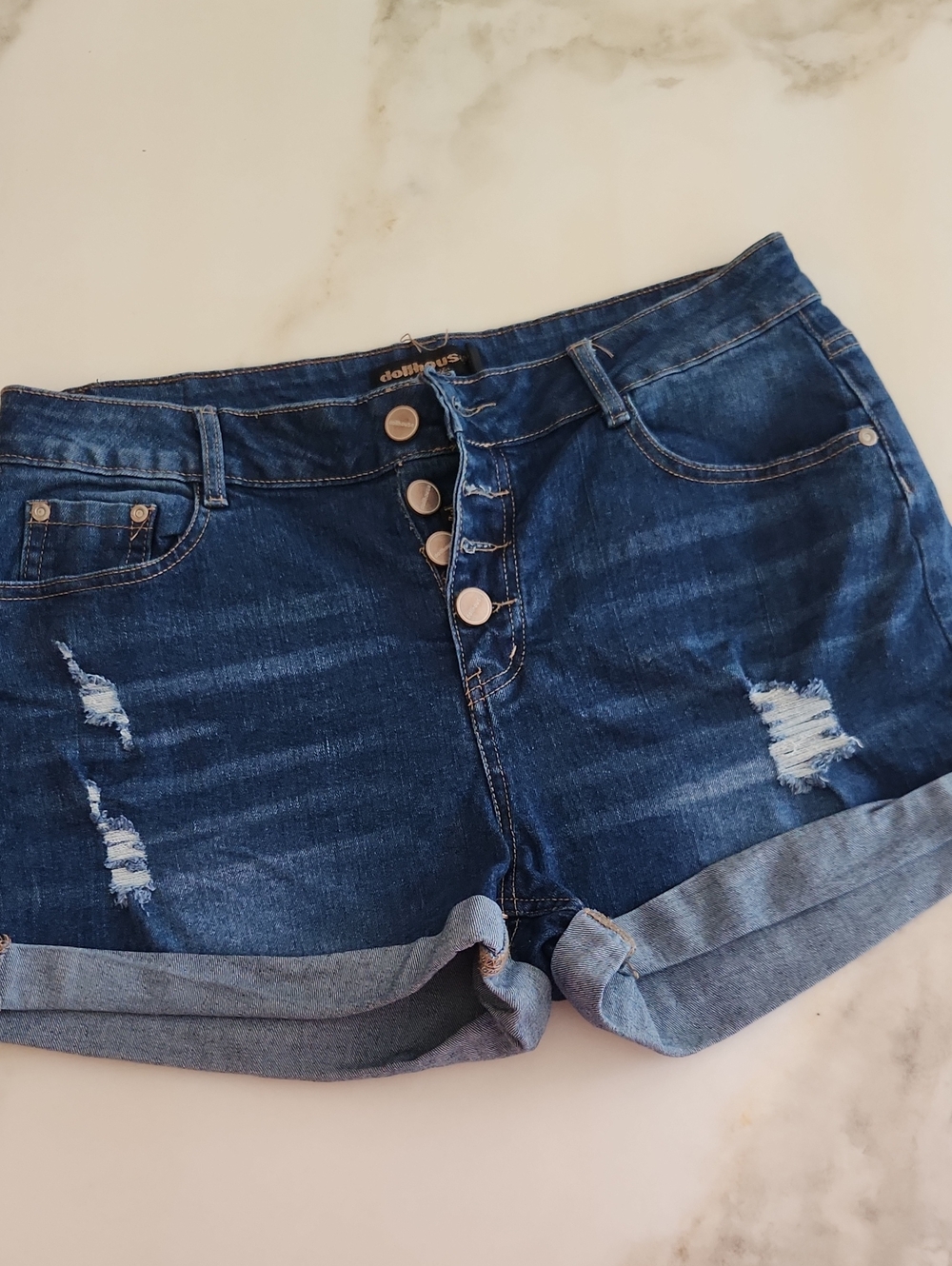 13/14 Dollhouse Dark Blue Distressed Roll-Cuff Jean Shorts..like New!